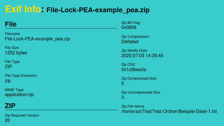 screenshot of exifinfo.org website with zip file from File Lock PEA