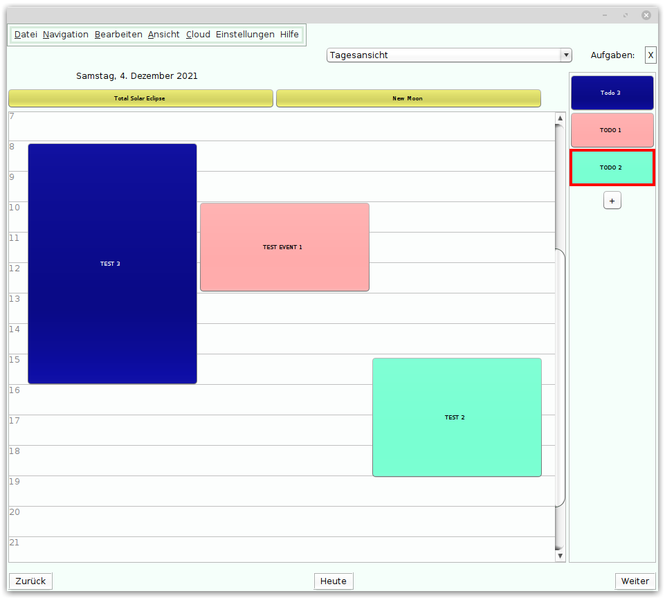 Fenster eines Tages mit mit Menü und mehreren farbigen Termin-Buttons