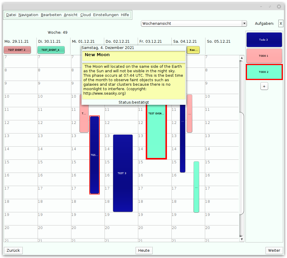 Fenster für eine Woche mit einer Spalte pro Tag und farbigen Termin-Buttons