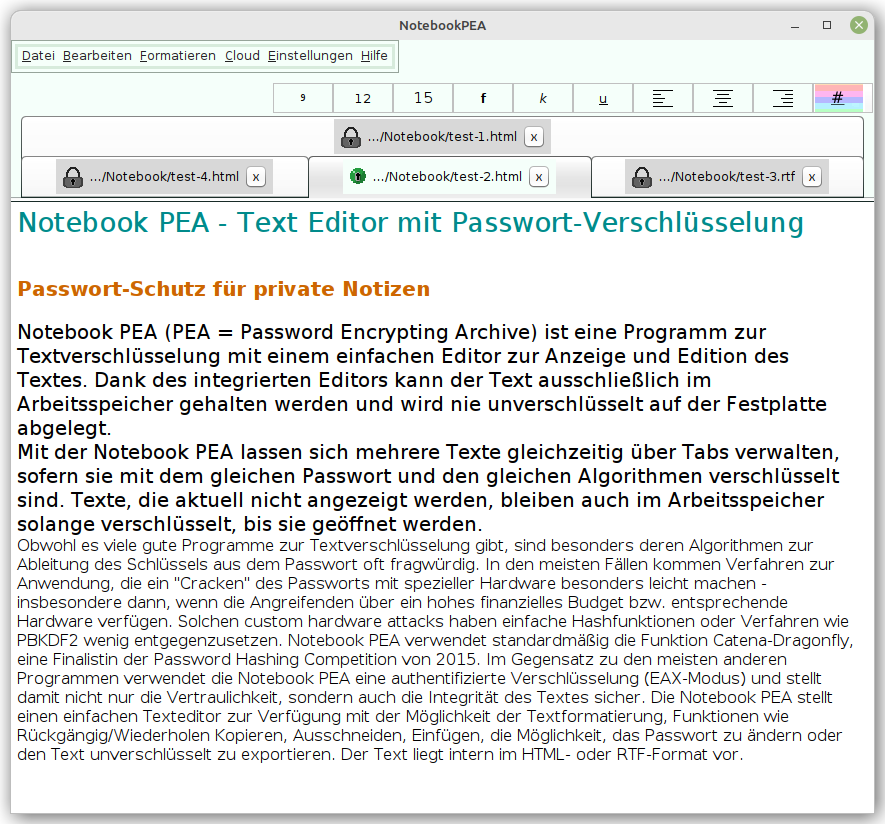 Geöffnete Notebook PEA: Texteditor mit Menü und Text