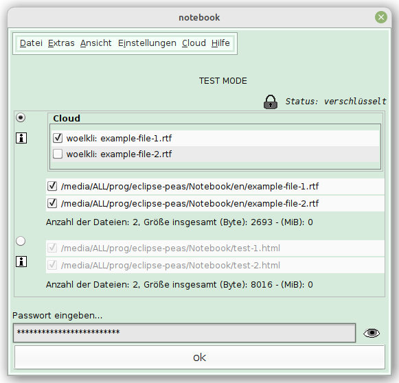 Dialog zur Passwort-Eingabe mit zu öffnenden Dateien