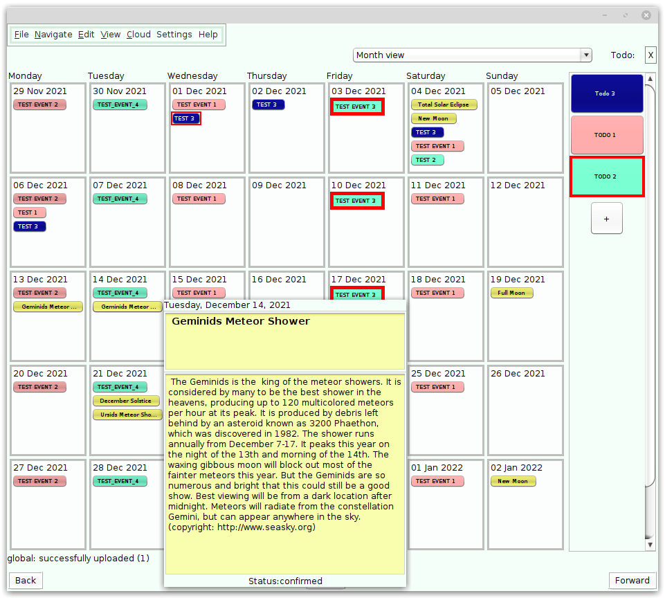 Window for one month with seven columns for weekdays, five rows and colored event buttons