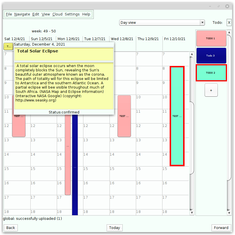 Window for one week with seven columns for weekdays, lines for hours and colored event buttons
