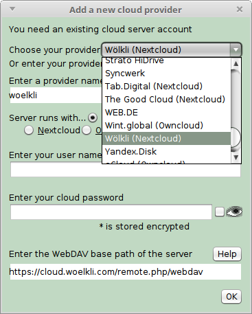 Form to add a cloud provider