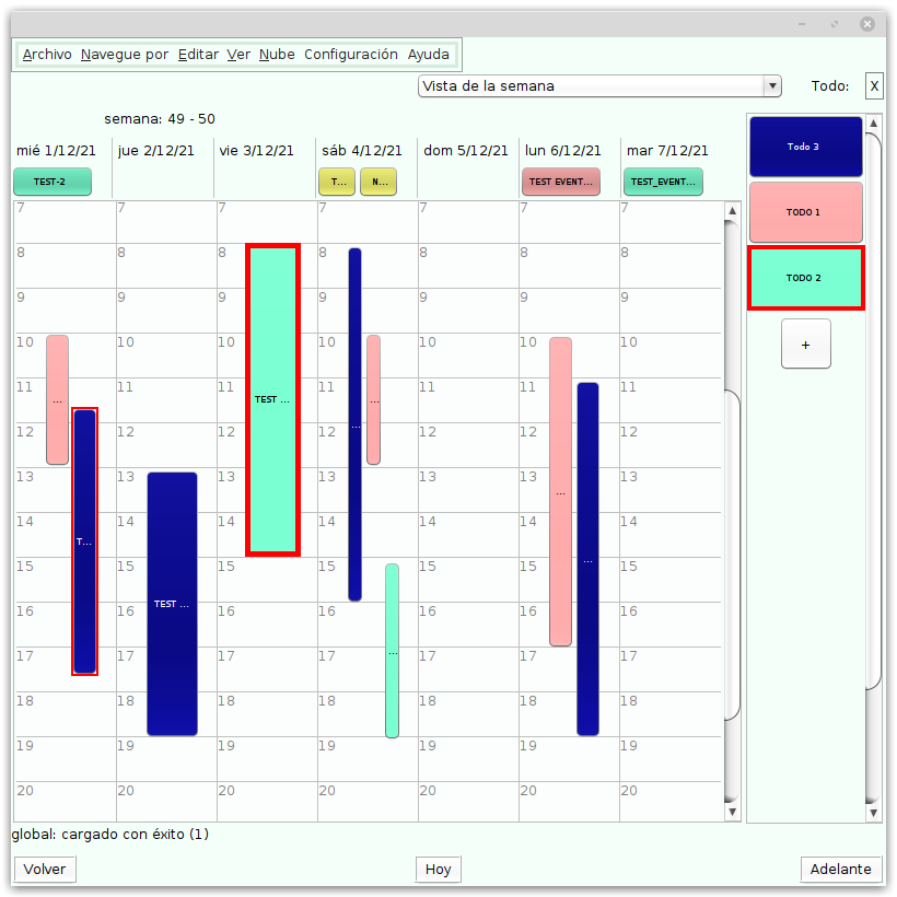 Window for one month with seven columns for weekdays, five rows and colored event buttons